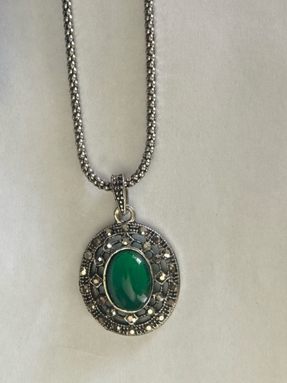 Silver Pendant Necklace with Green Oval Stone
